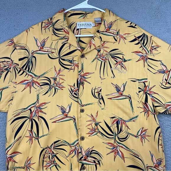 Tehama Clint Silk Shirt Mens Large Yellow Hawaiian Floral Beach White Witch Logo - Picture 2 of 16